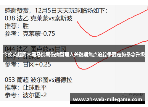 今晚英超周末黑马搅局伤病管理入关键期焦点追踪争冠走势悬念升级